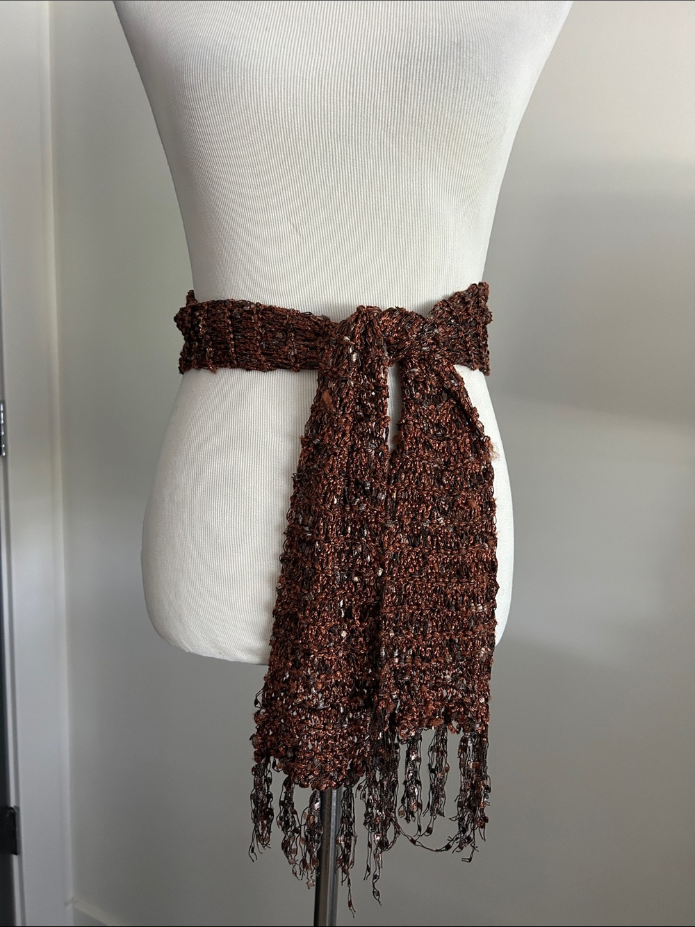 Boho 52" long lightweight Handmade Brown Textured Belt Scarf